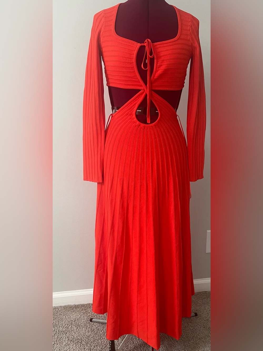 cult gaia Red Ribbed Backless Cutout Maxi Dress